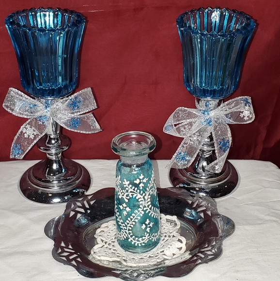 Hand Painted Turquoise Glass Bottle Group